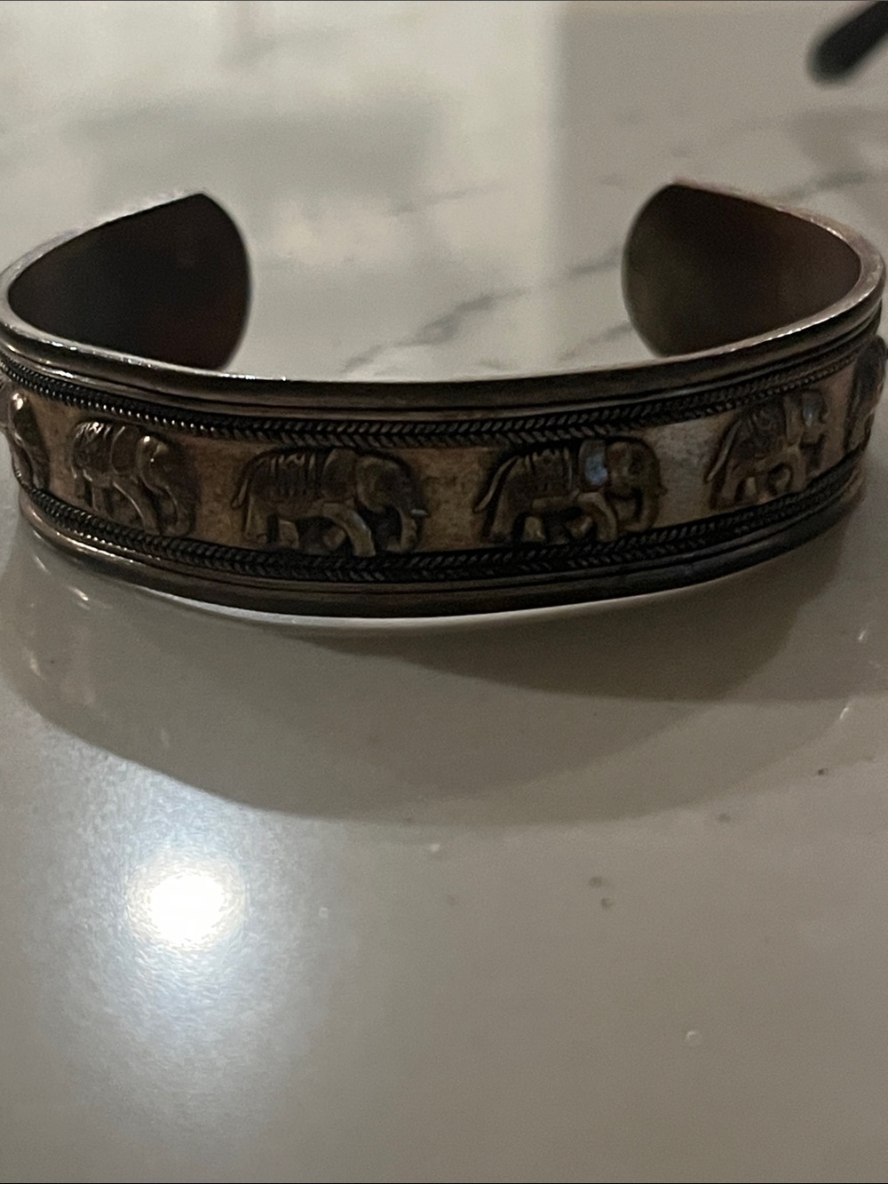 Vintage Sterling Silver Elephant Motif Brass Cuff Bracelet
